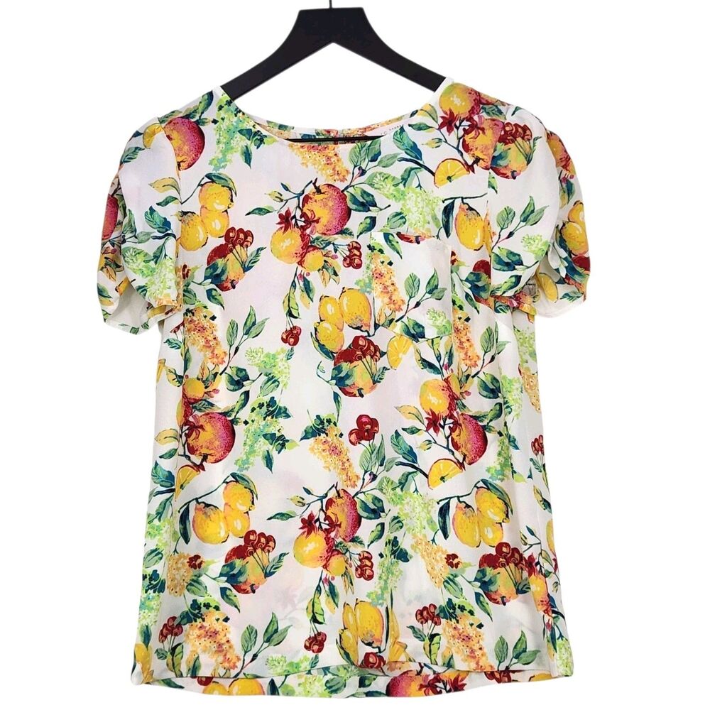 LC Lauren Conrad Short Sleeve Top Small Fruits Print Pocket Ruche‎ Sleeve Summer